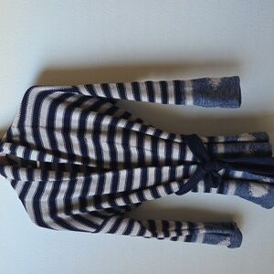 Lauren Ralph Lauren LRL Linen Cotton Blend Cardigan Belted Blue Striped Sweater